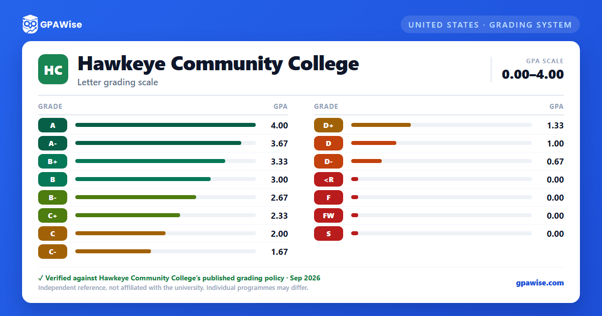 Hawkeye Community College grading scheme — grade and GPA value
